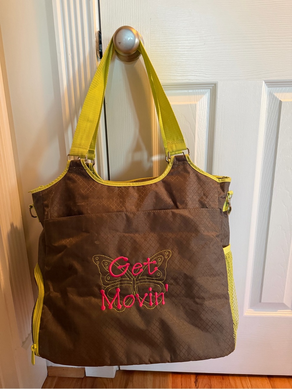 Women’s 31 Brand Green& Yellow Tote Bag with 'Get Movin'' Embroidery